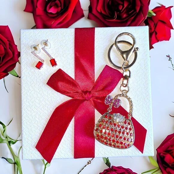 3-piece Box Set l Red Gemstone l Purse/Bag Charm & Key Ring l Gemstone Earrings